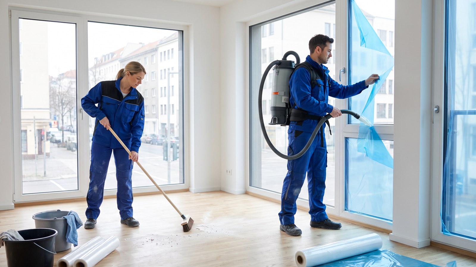 Zwei Mitarbeitende von GDE entfernen Baustaub und Folienreste in einem Neubau