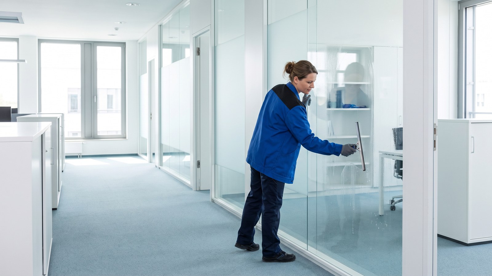 Mitarbeiterin von GDE reinigt eine Glastrennwand in einem hellen Bürogang mit dem Abzieher