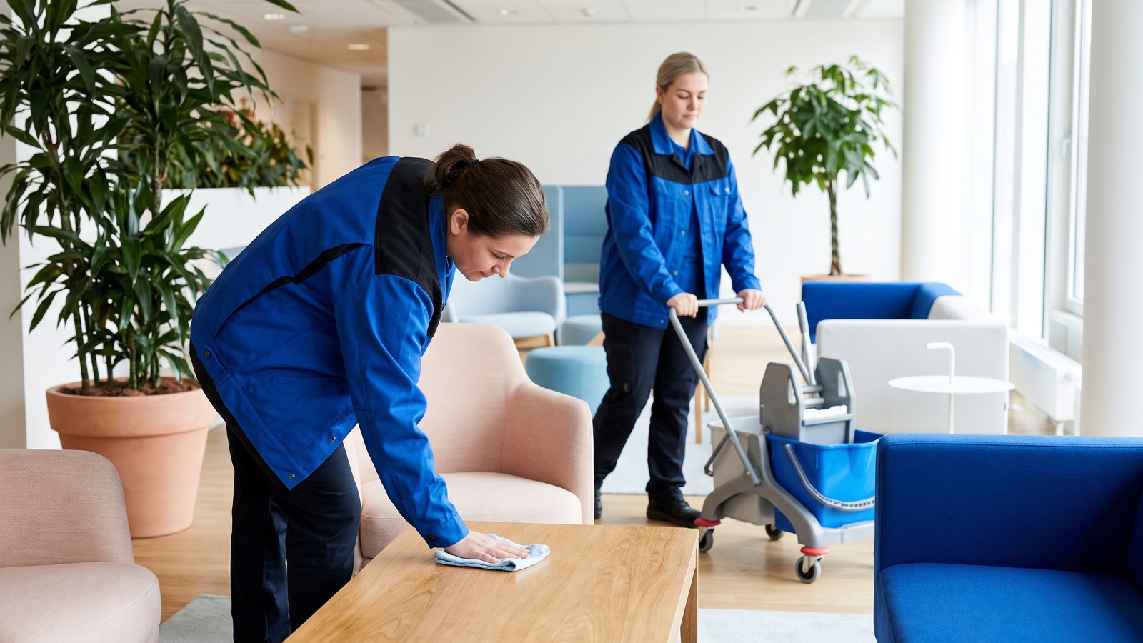 Zwei Mitarbeitende von GDE reinigen die Lounge eines Bürogebäudes