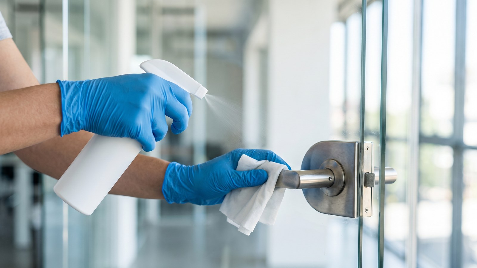 Hände in blauen Schutzhandschuhen desinfizieren eine Türklinke mit Sprühmittel und Tuch
