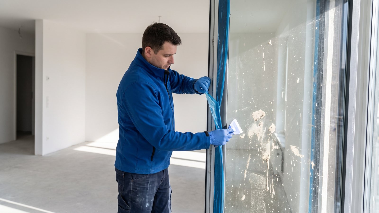 Mitarbeiterin von GDE zieht die Schutzfolie von einem neuen Fenster ab