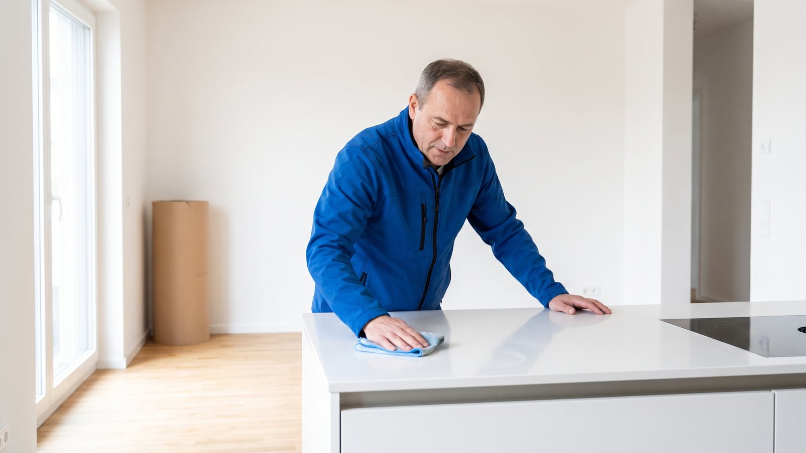 Mitarbeiter von GDE wischt die Arbeitsplatte einer neuen Küche in einer frisch renovierten Wohnung