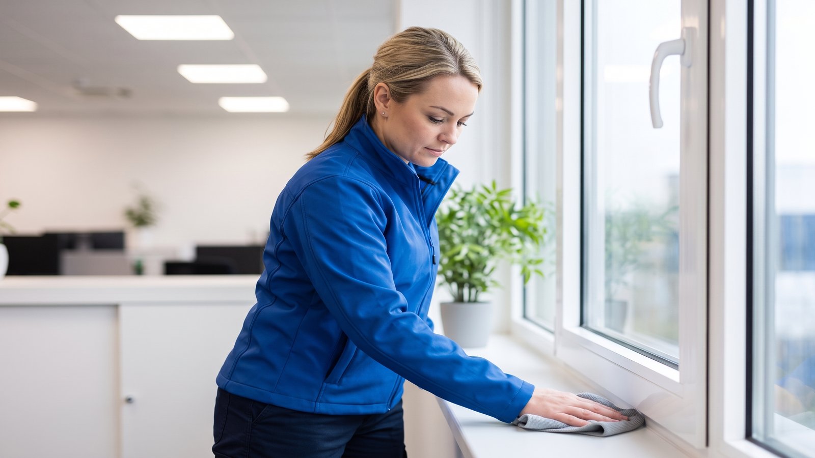 Mitarbeiter von GDE wischt Rahmen und Fensterbank eines Bürofensters