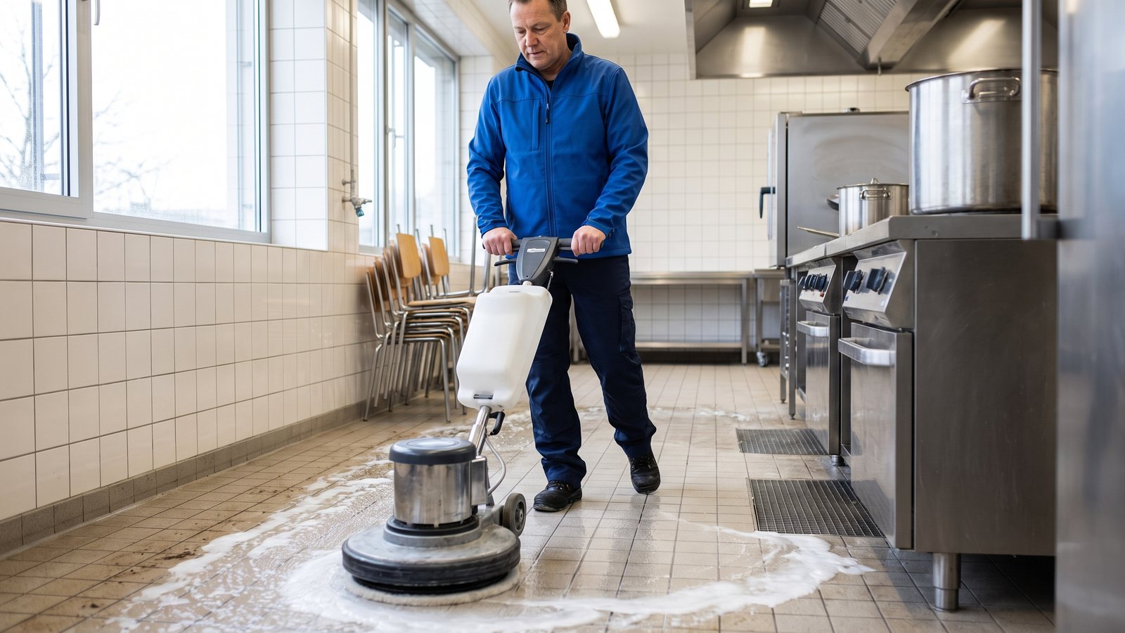 Mitarbeiter von GDE führt eine Einscheibenmaschine über einen Fliesenboden