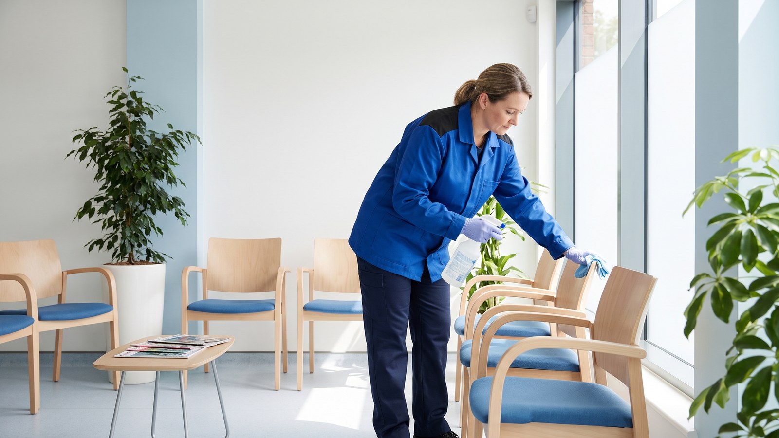 Mitarbeiterin von GDE desinfiziert die Sitzflächen im Wartezimmer einer Arztpraxis