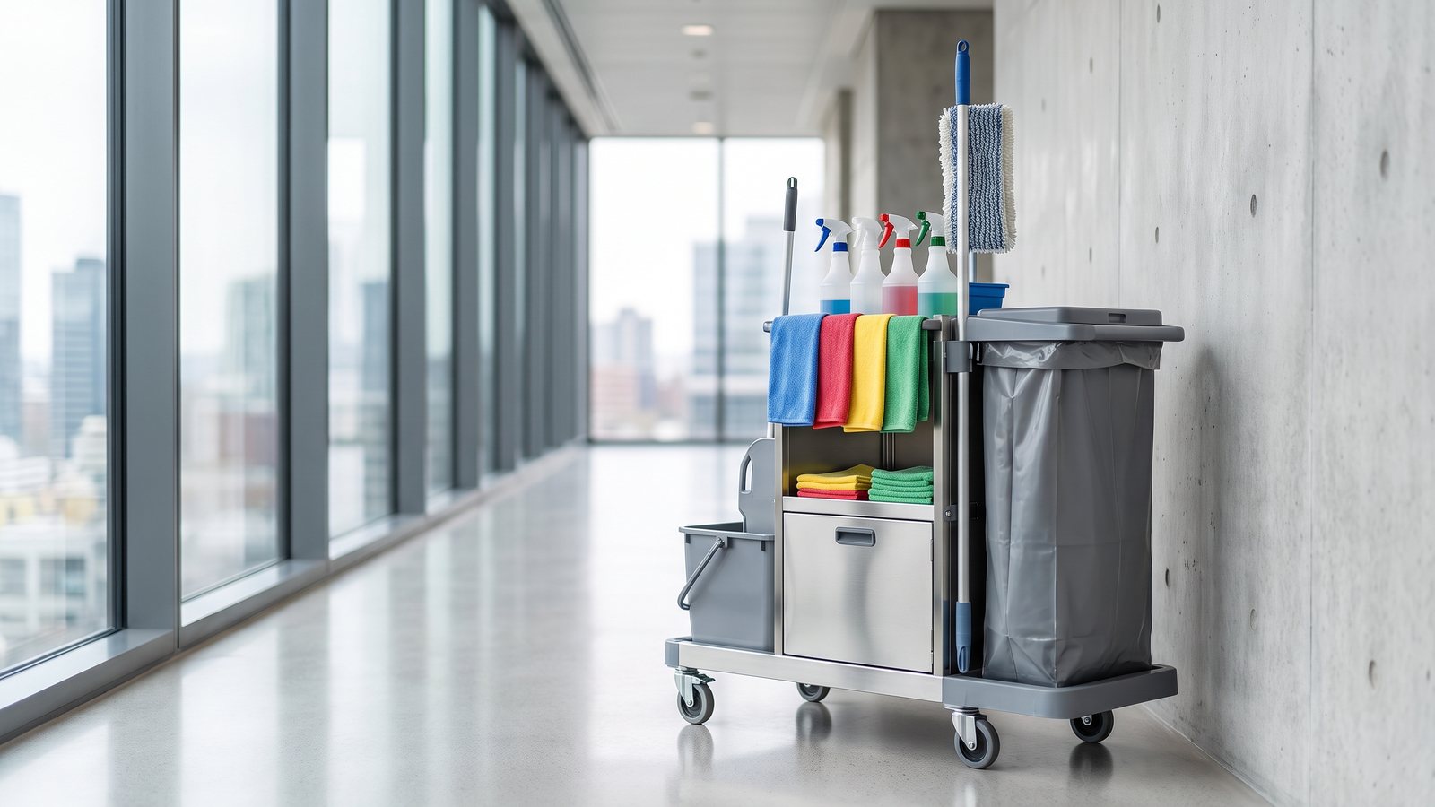 Reinigungswagen von GDE mit Wischern, Tüchern und Reinigungsmitteln