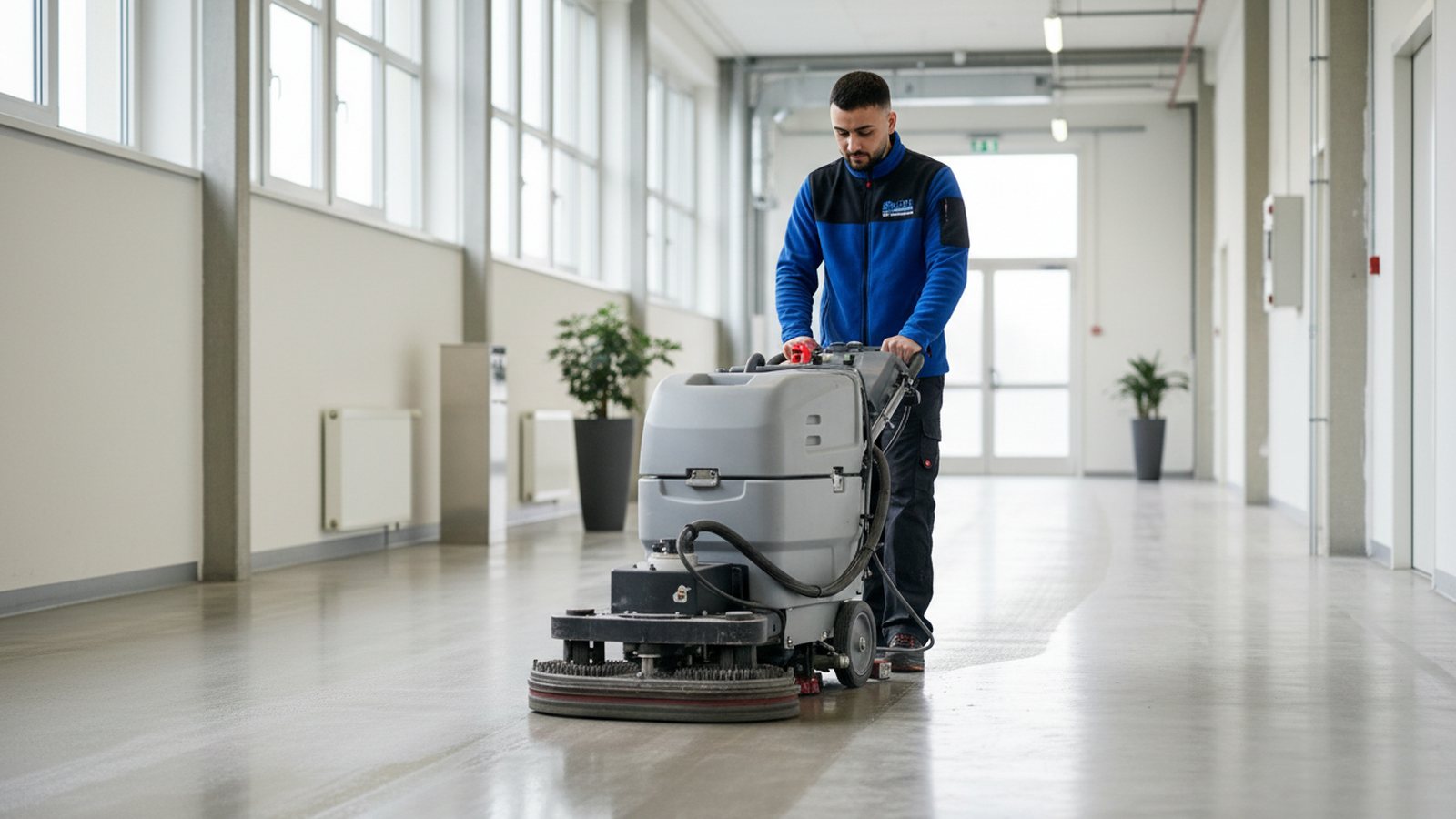 Mitarbeiter von GDE reinigt einen Flur mit der Scheuersaugmaschine