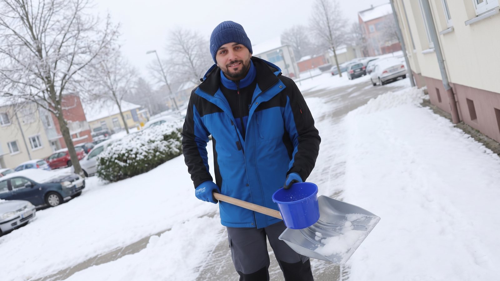 Mitarbeiter von GDE mit Schneeschaufel auf einem geräumten Gehweg