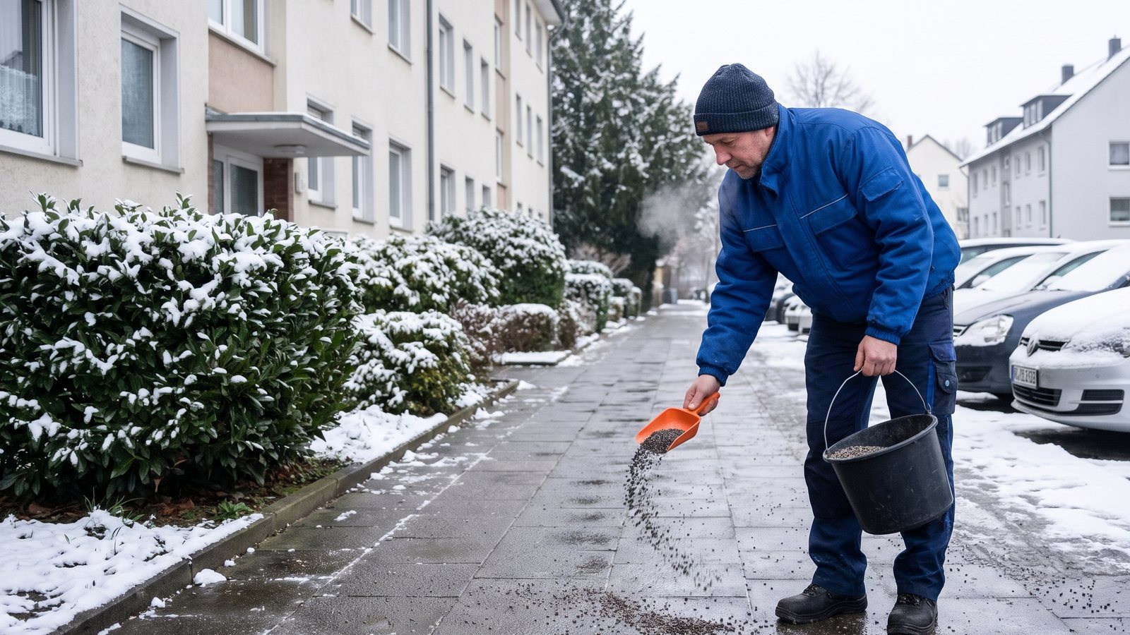 Mitarbeiter von GDE streut einen geräumten Gehweg vor einem Wohnhaus