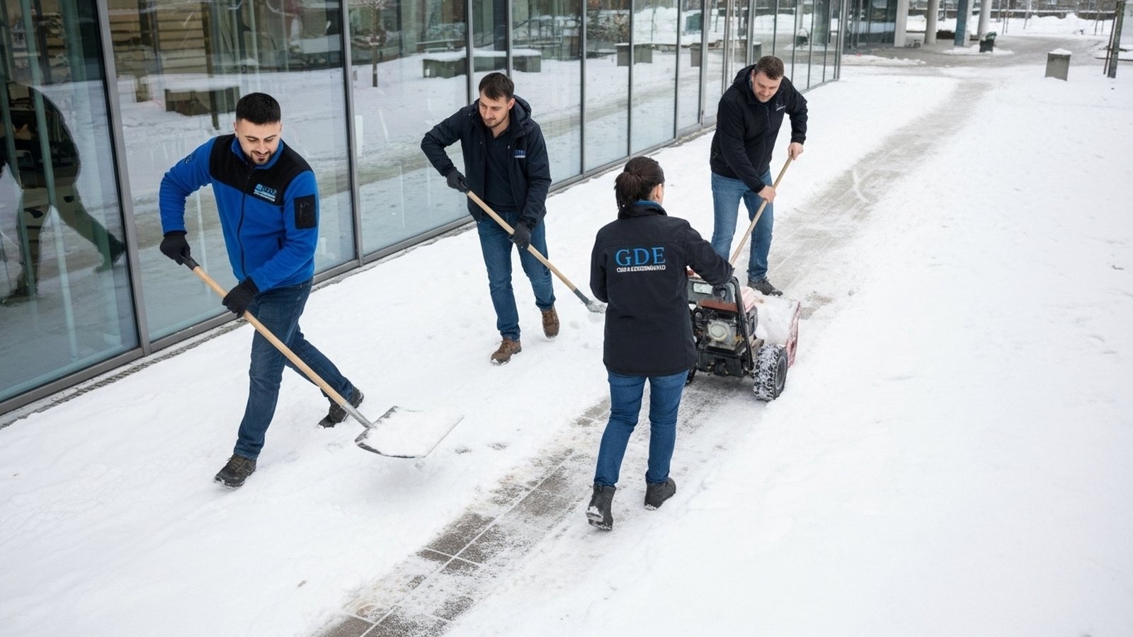 Team von GDE räumt Schnee vor einem Gewerbegebäude